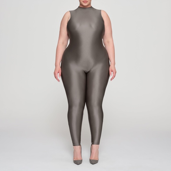 🩶HTF SKIMS SHINE JERSEY MOCK NECK CATSUIT JUMPSUIT GRAY CHALK S - Picture 3 of 7